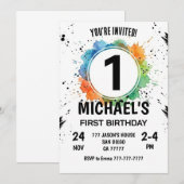 Watercolor Splash Boy First Birthday 招待状 (正面/裏面)