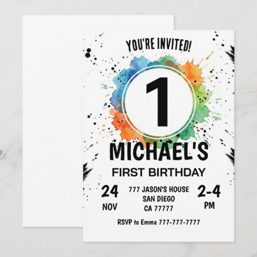 Watercolor Splash Boy First Birthday 招待状 (正面/裏面)