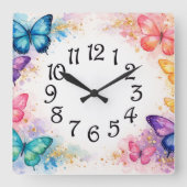Watercolor Splash Butterfly and Glitter Girl’s スクエア壁時計 (正面)