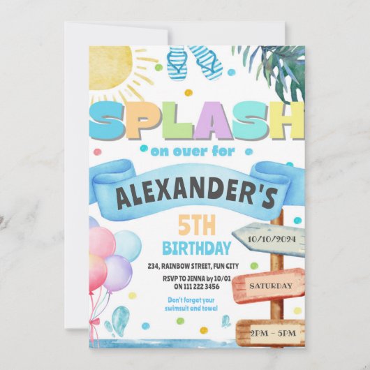 Watercolor Splash Waterslide Slide Park Birthday 招待状 (正面)