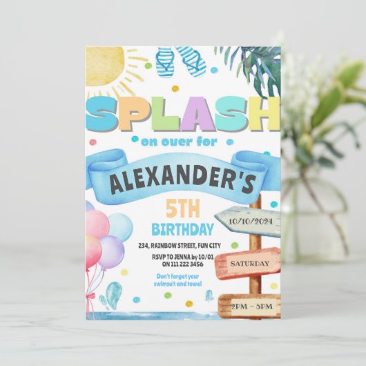 Watercolor Splash Waterslide Slide Park Birthday 招待状 (スタンド正面)