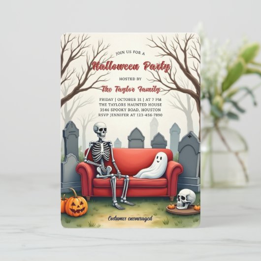 Watercolor Spooky Cute Skeleton Ghost Halloween 招待状 (スタンド正面)