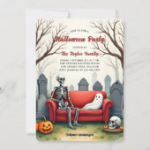 Watercolor Spooky Cute Skeleton Ghost Halloween 招待状 (正面)