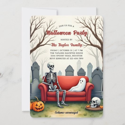 Watercolor Spooky Cute Skeleton Ghost Halloween 招待状 (正面)