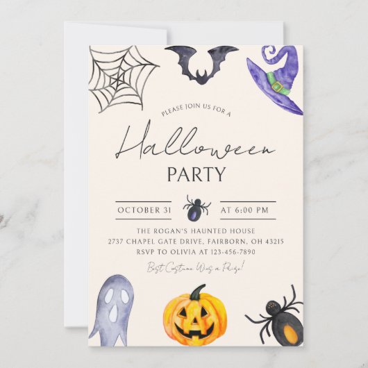 Watercolor Spooky Fun Halloween Party 招待状 (正面)