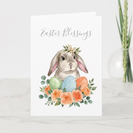 Watercolor Spring Floral Bunny Easter Eggs カード (正面)