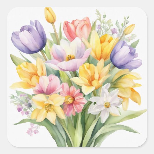 Watercolor Spring Flowers Tulips スクエアシール (正面)