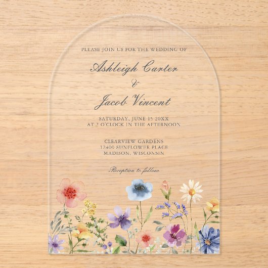 Watercolor Spring Garden Wildflower Wedding アクリル招待状 (正面)