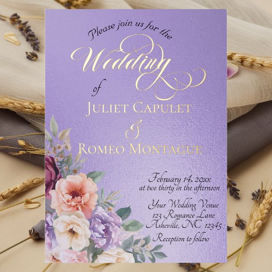 Watercolor Spring Wildflowers - Blue Lilac 箔招待状