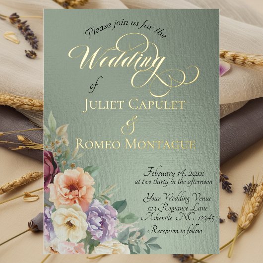 Watercolor Spring Wildflowers - Sage 箔招待状