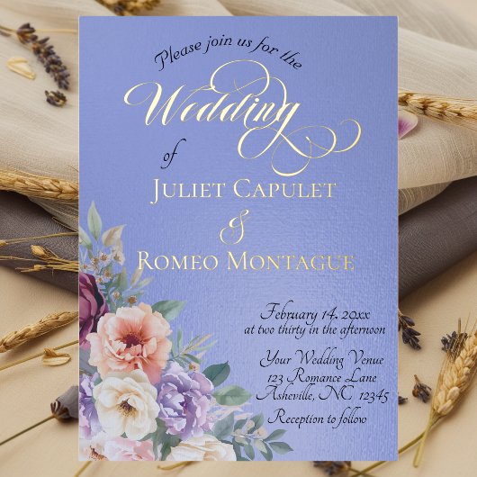 Watercolor Spring Wildflowers - Sky Blue 箔招待状