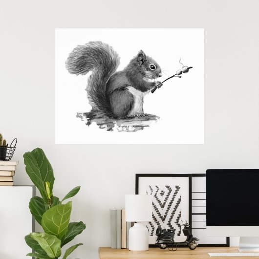 Watercolor Squirrel Toasting Marshmallow Animal  ポスター (ホームオフィス)