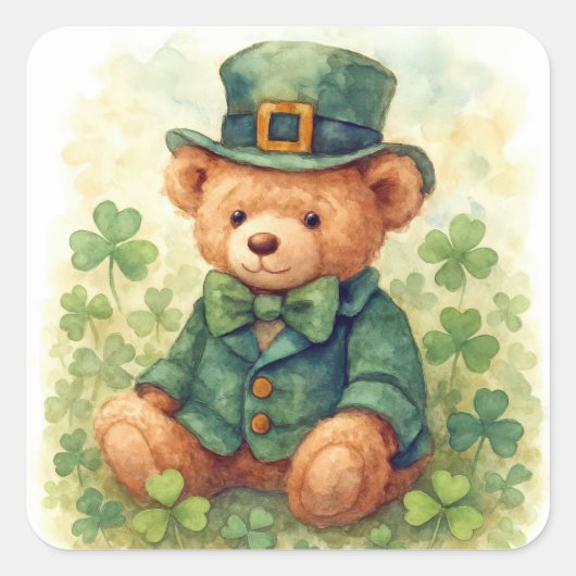 Watercolor St. Patrick's Day Teddy Bear スクエアシール (正面)