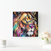 Watercolor Stained Glass Style Lion スクエア壁時計 (ホーム)