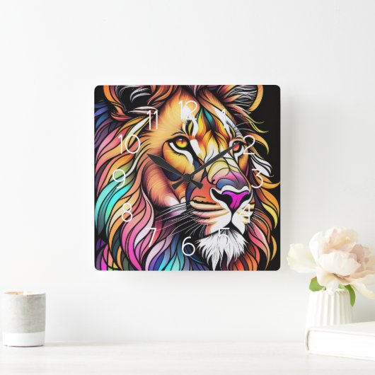 Watercolor Stained Glass Style Lion スクエア壁時計 (ホーム)