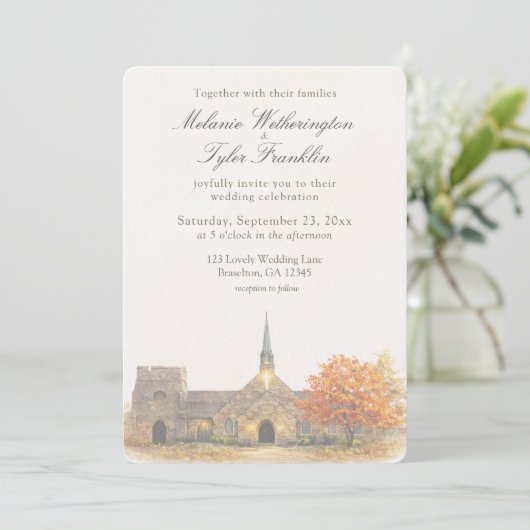 Watercolor Stone Chapel Fall Wedding Invitation 招待状 (スタンド正面)