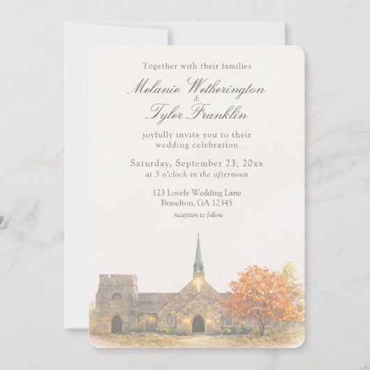 Watercolor Stone Chapel Fall Wedding Invitation 招待状 (正面)