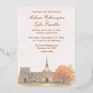 Watercolor Stone Chapel Fall Wedding Invitation 箔招待状