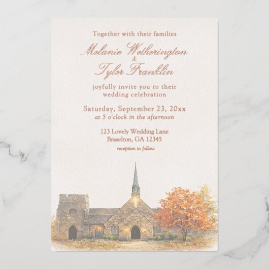 Watercolor Stone Chapel Fall Wedding Invitation 箔招待状 (正面)