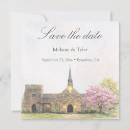 Watercolor Stone Chapel Spring Save the Date Card セーブザデート