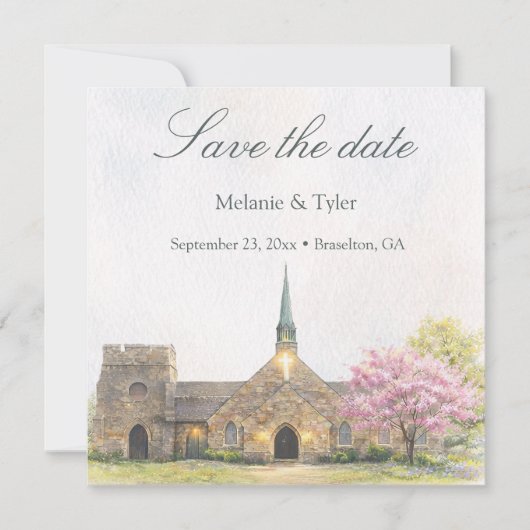 Watercolor Stone Chapel Spring Save the Date Card セーブザデート (正面)