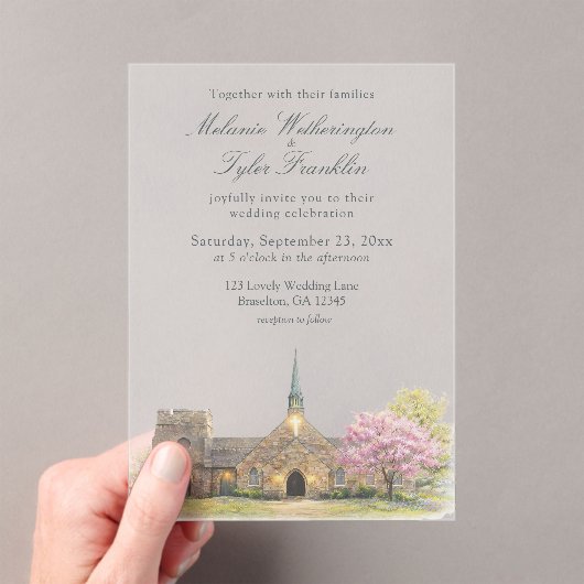 Watercolor Stone Chapel Spring Wedding アクリル招待状 (インサイチュ (ポータブル))