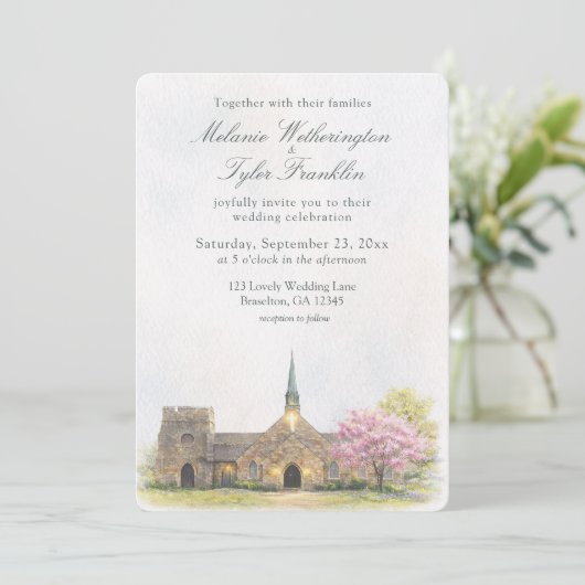 Watercolor Stone Chapel Spring Wedding Invitation 招待状 (スタンド正面)
