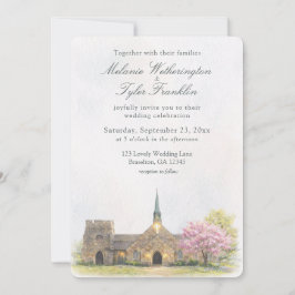 Watercolor Stone Chapel Spring Wedding Invitation 招待状