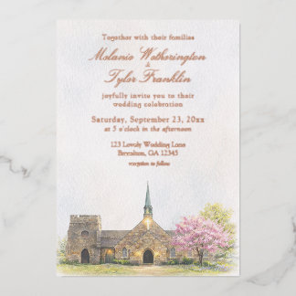 Watercolor Stone Chapel Spring Wedding Invitation 箔招待状