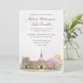 Watercolor Stone Chapel Spring Wedding Photo 招待状 (スタンド正面)