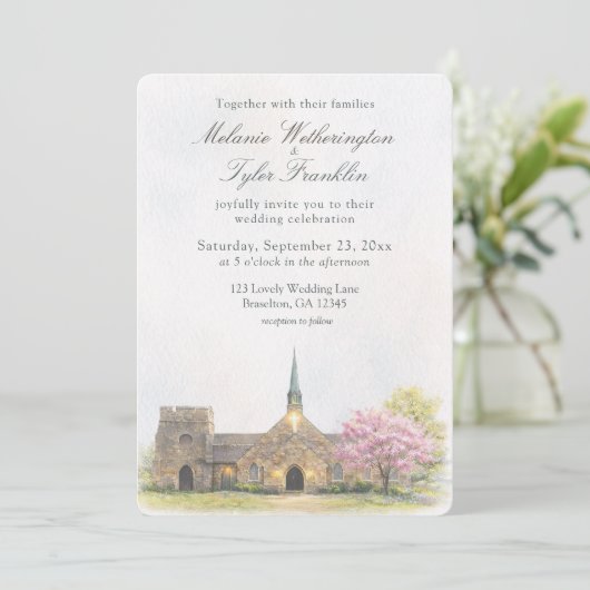 Watercolor Stone Chapel Spring Wedding Photo 招待状 (スタンド正面)