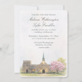 Watercolor Stone Chapel Spring Wedding Photo 招待状 (正面)