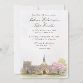 Watercolor Stone Chapel Spring Wedding Photo 招待状