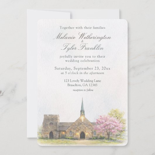 Watercolor Stone Chapel Spring Wedding Photo 招待状 (正面)