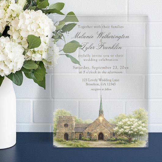 Watercolor Stone Chapel Summer Wedding アクリル招待状