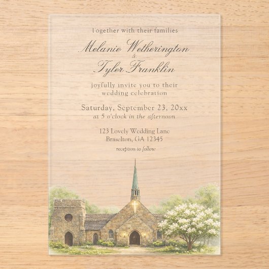 Watercolor Stone Chapel Summer Wedding アクリル招待状 (正面)