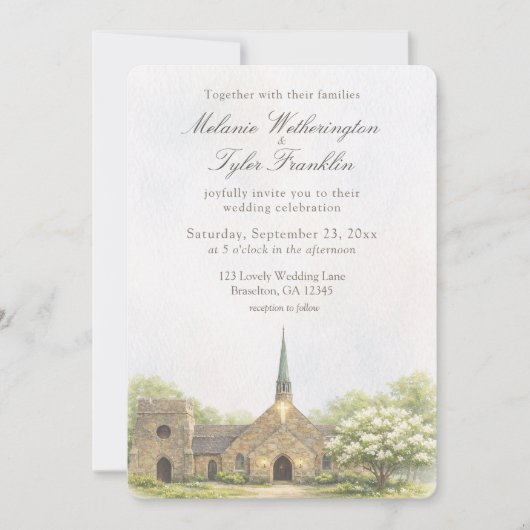 Watercolor Stone Chapel Summer Wedding Invitation 招待状 (正面)