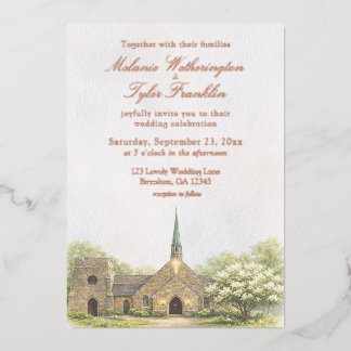 Watercolor Stone Chapel Summer Wedding Invitation 箔招待状
