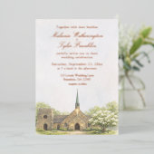 Watercolor Stone Chapel Summer Wedding Invitation 箔招待状 (立ち正面)