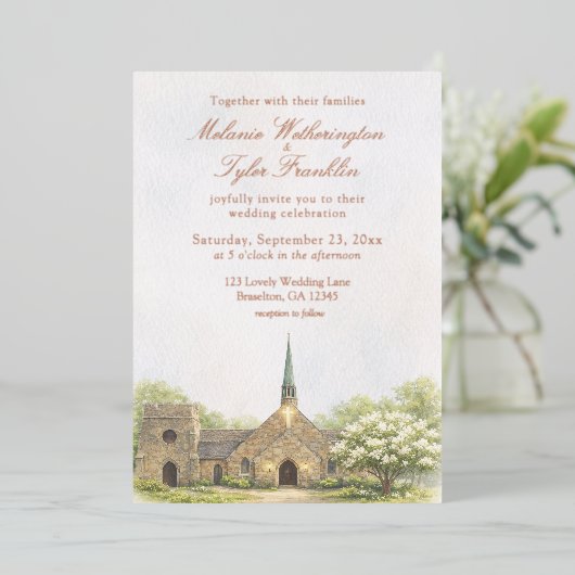 Watercolor Stone Chapel Summer Wedding Invitation 箔招待状 (立ち正面)