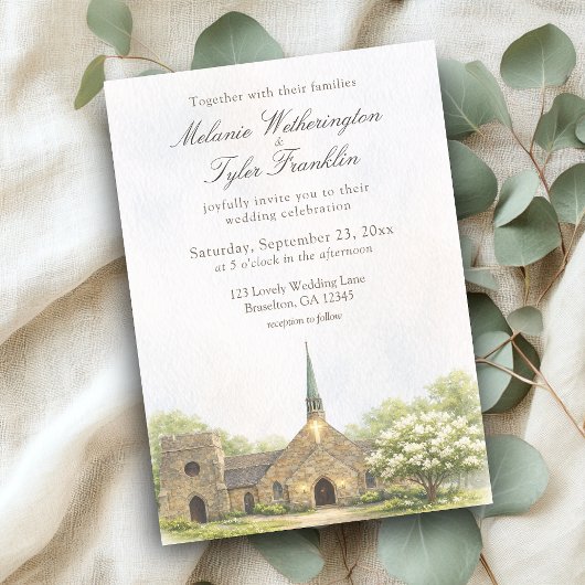 Watercolor Stone Chapel Wedding Photo Invitation 招待状