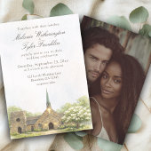 Watercolor Stone Chapel Wedding Photo Invitation 招待状