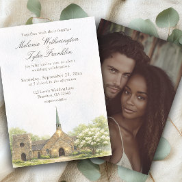 Watercolor Stone Chapel Wedding Photo Invitation 招待状