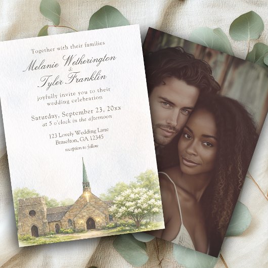 Watercolor Stone Chapel Wedding Photo Invitation 招待状