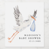 Watercolor Stork Blue Boy Baby Shower ワインラベル (シングルラベル)