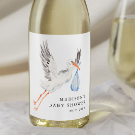 Watercolor Stork Blue Boy Baby Shower ワインラベル