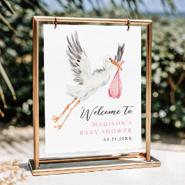 Watercolor Stork Pink Baby Shower Welcome ポスター