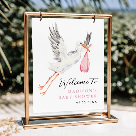 Watercolor Stork Pink Baby Shower Welcome ポスター