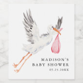 Watercolor Stork Pink Girl Baby Shower ワインラベル (シングルラベル)