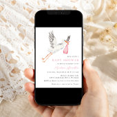 Watercolor Stork Pink Girl Baby Shower 招待状